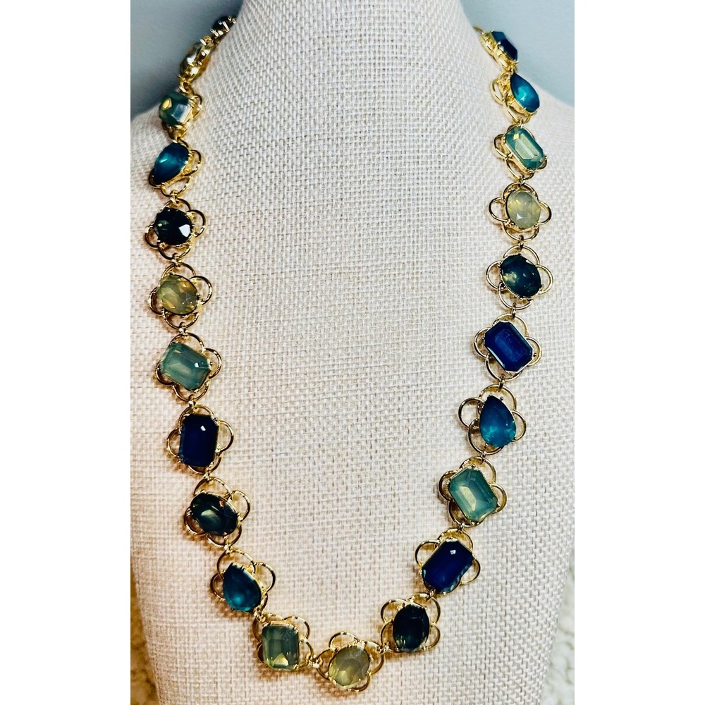 Talbots Blue Teal Statement Necklace Gold Tone Faceted Stone 21"